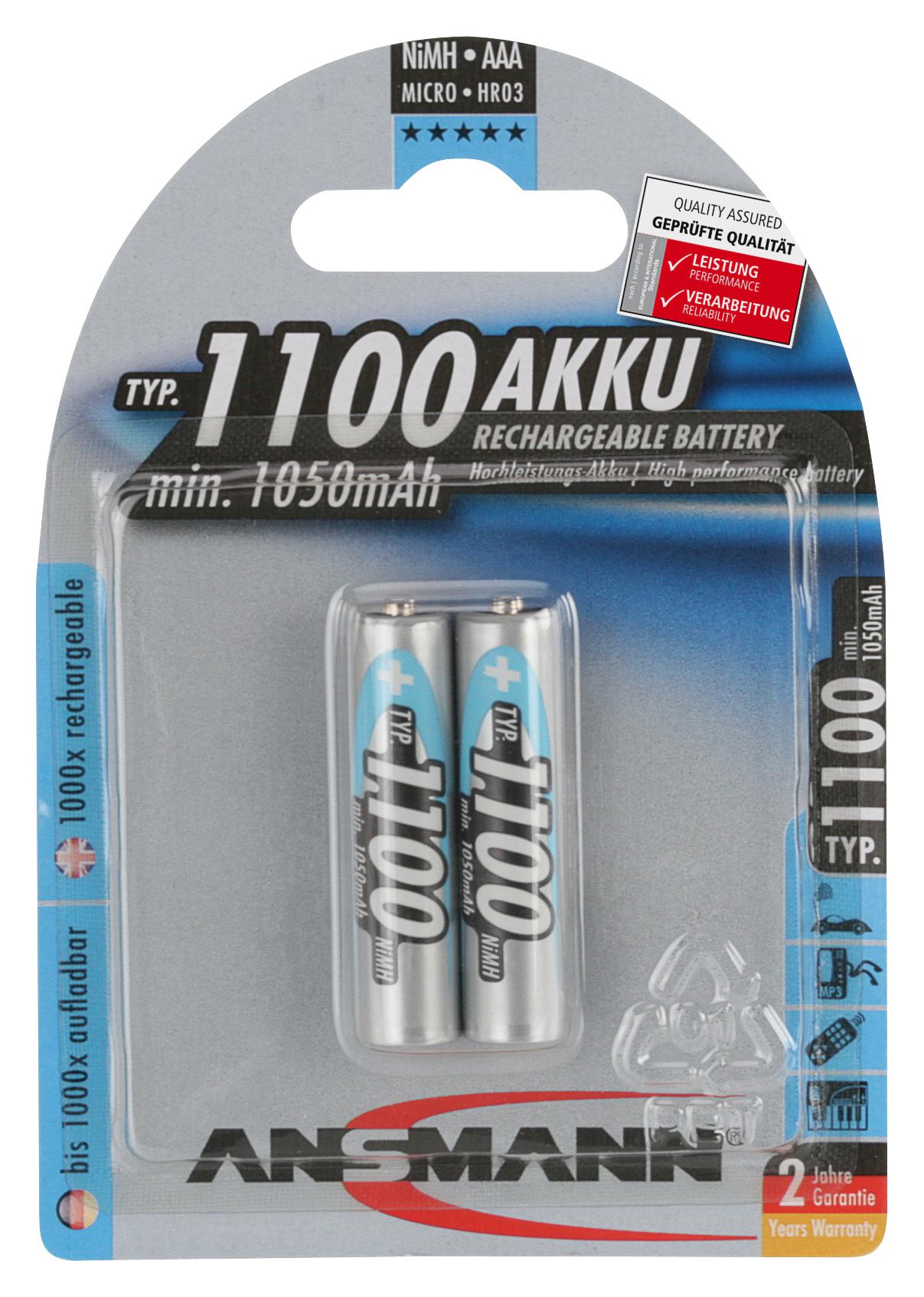 5035222 BATTERY,AAA,NI-MH,1.1AH,1.2V, PK2 ANSMANN