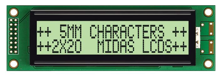 MC22005A6W-GPTLY-V2 DISPLAY, ALPHANUMERIC, 20X2, YELLOW/GRN MIDAS