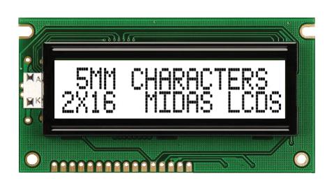 MC21605A6WK-FPTLW-V2 DISPLAY, ALPHANUMERIC, 16X2, WHITE MIDAS