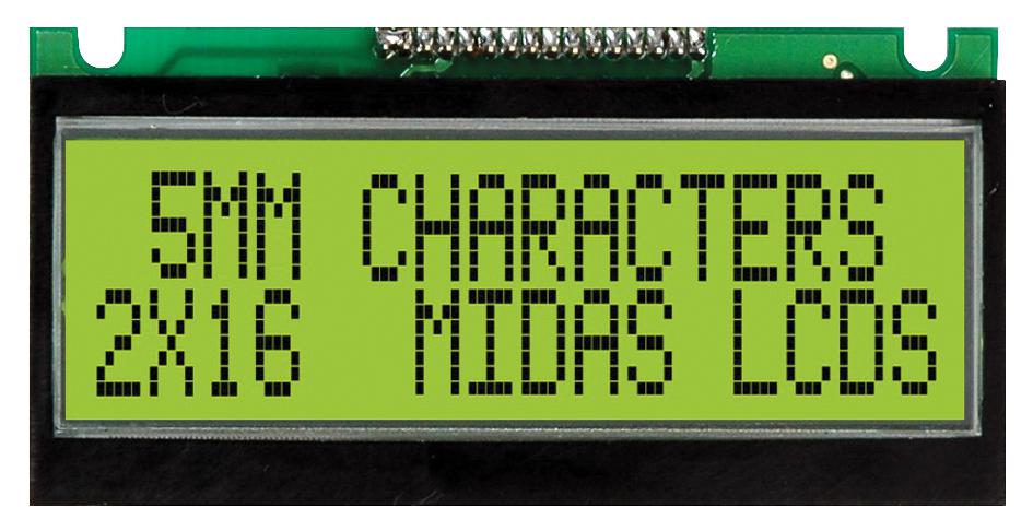 MC21605F6WE-SPTLY LCD, 2X16, STN, YLW/GREEN B/L, 5MM MIDAS
