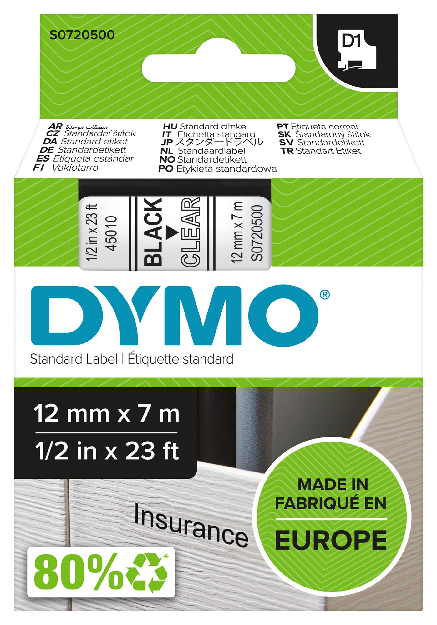 45010 TAPE, BLACK/CLEAR, 12MM DYMO
