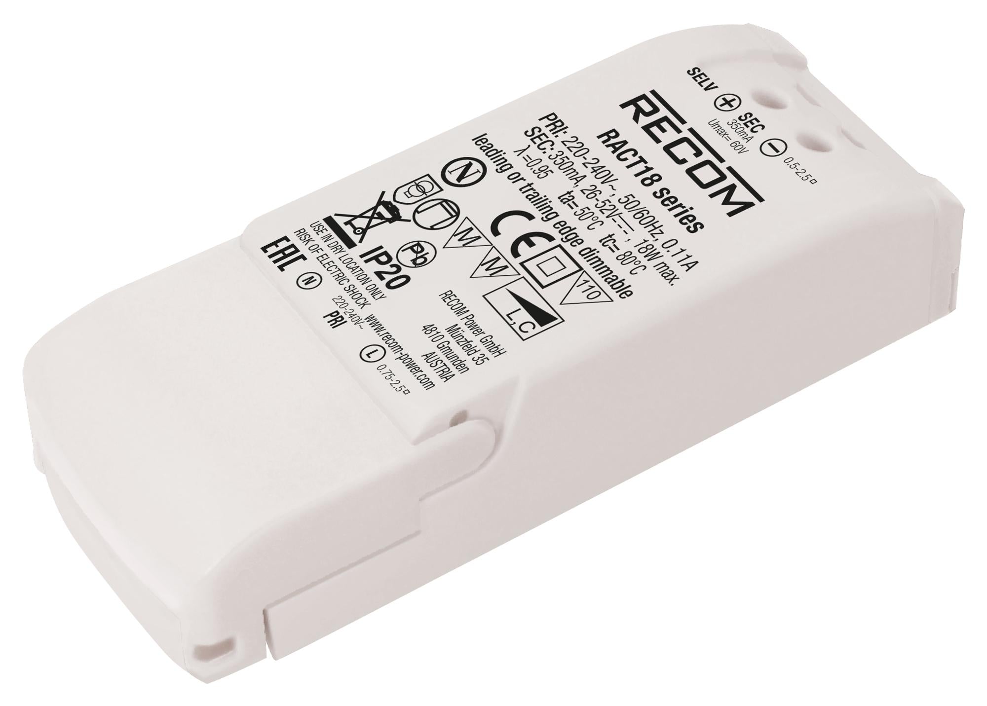RACT18-1400 LED DRIVER, SINGLE O/P, CC MODE, 18W RECOM POWER