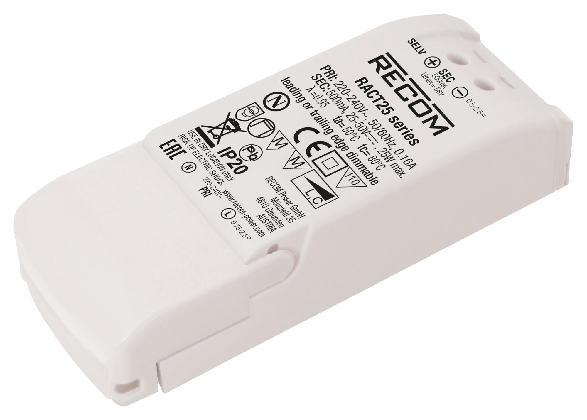 RACT25-500 LED DRIVER, SINGLE O/P, CC MODE, 25W RECOM POWER