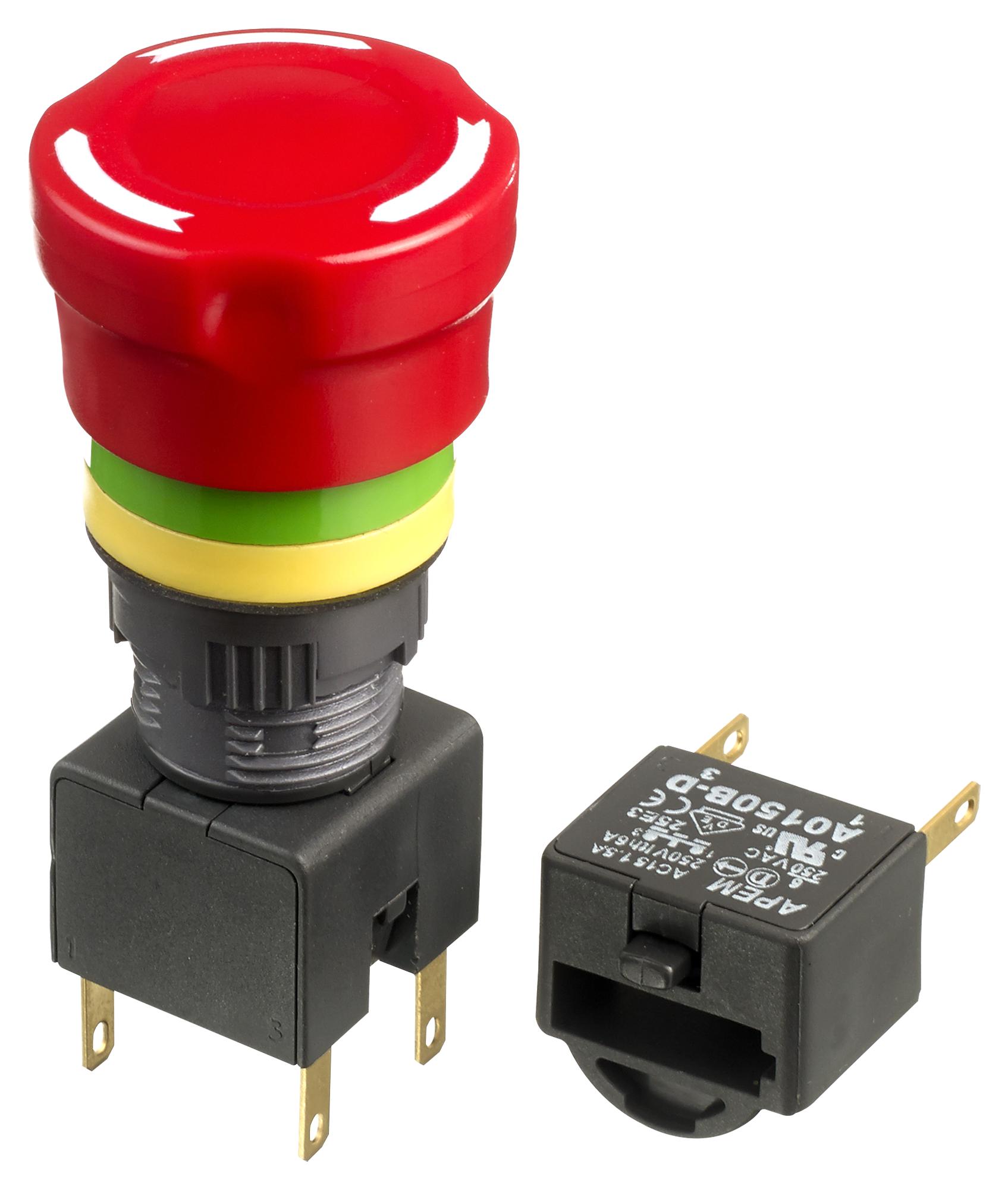 A01ES-DF1+A0154B-D+A01YL1 E-STOP SW, DPST-NC, 250V, QC/SOLDER APEM