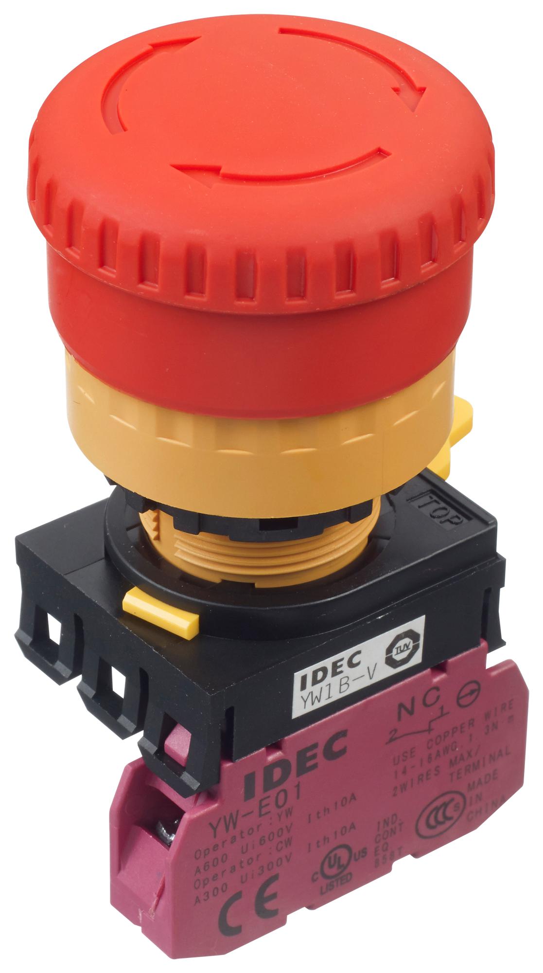 YW1B-V4E01R E-STOP PB SW, SPST-NC, 10A, 120V, SCREW IDEC