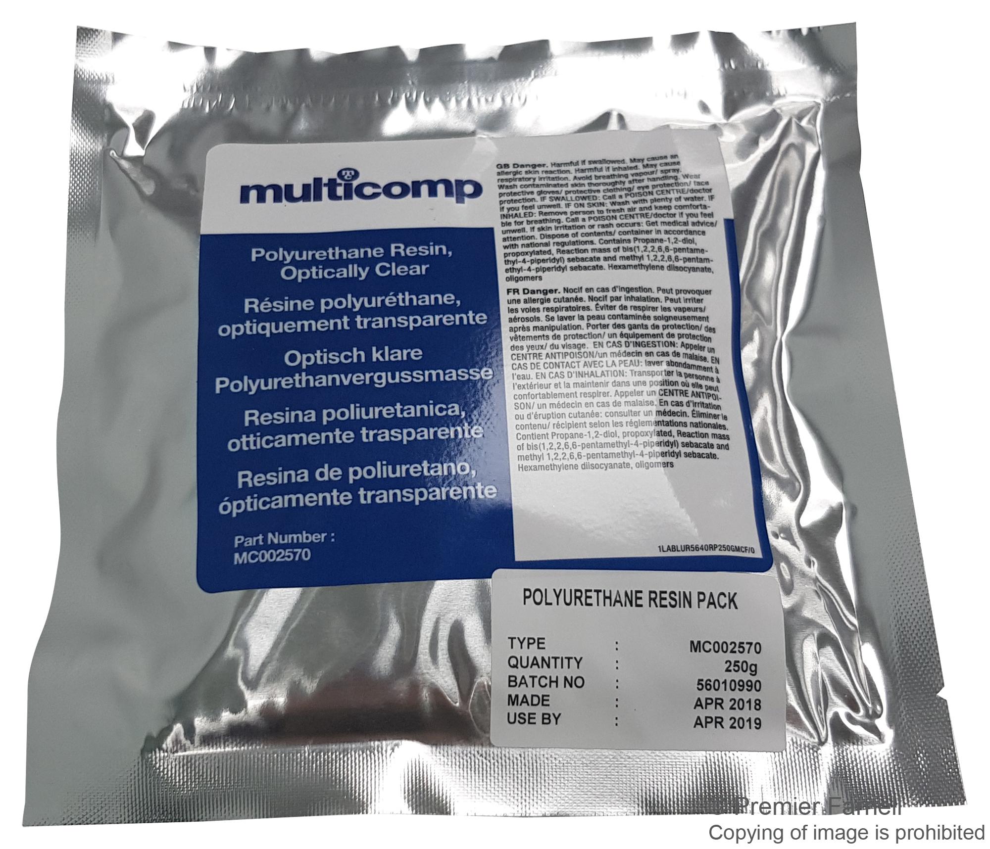 MC002570 PUR RESIN, PACKET, CLEAR, 250G MULTICOMP