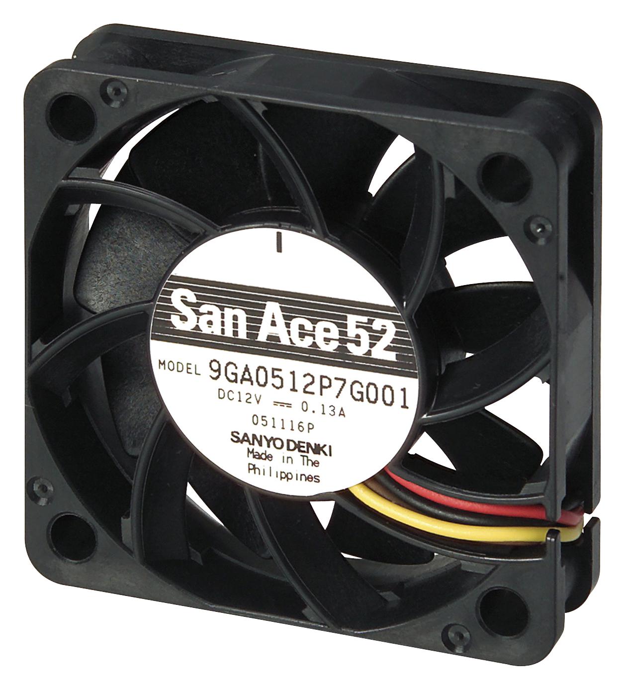 9GA0524P7G001 DC AXIAL FAN, 17.7CU.FT/MIN, BALL, 52MM SANYO DENKI
