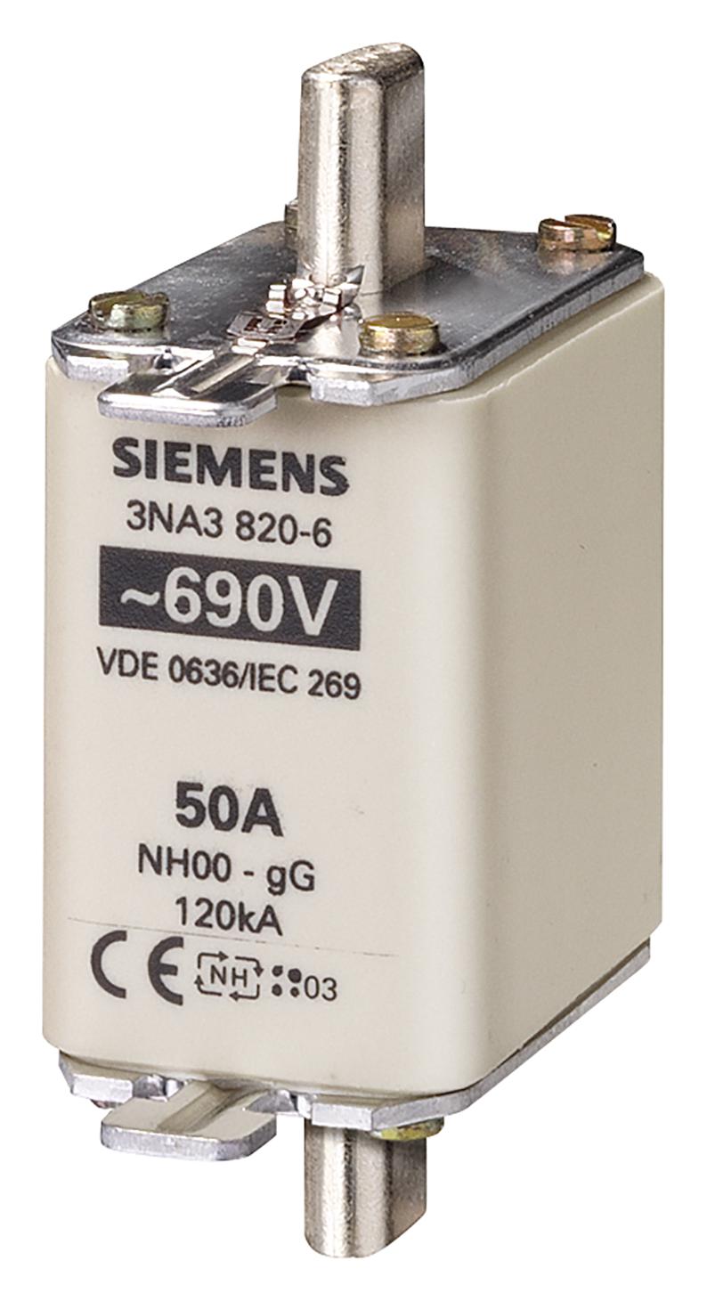 3NA3820-6 HRC FUSE, 50A, 690VAC, 250VDC, BLADE TAG SIEMENS