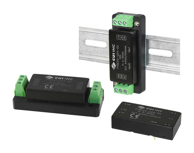 PYBE20-Q24-D12-DIN DC-DC CONVERTER, 2 O/P, 20W CUI