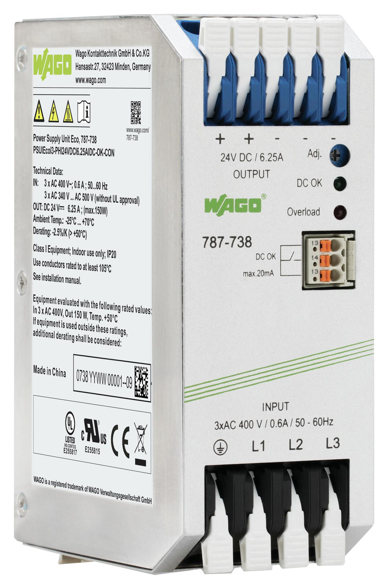 787-738 POWER SUPPLY, AC-DC, 24V, 6.25A WAGO