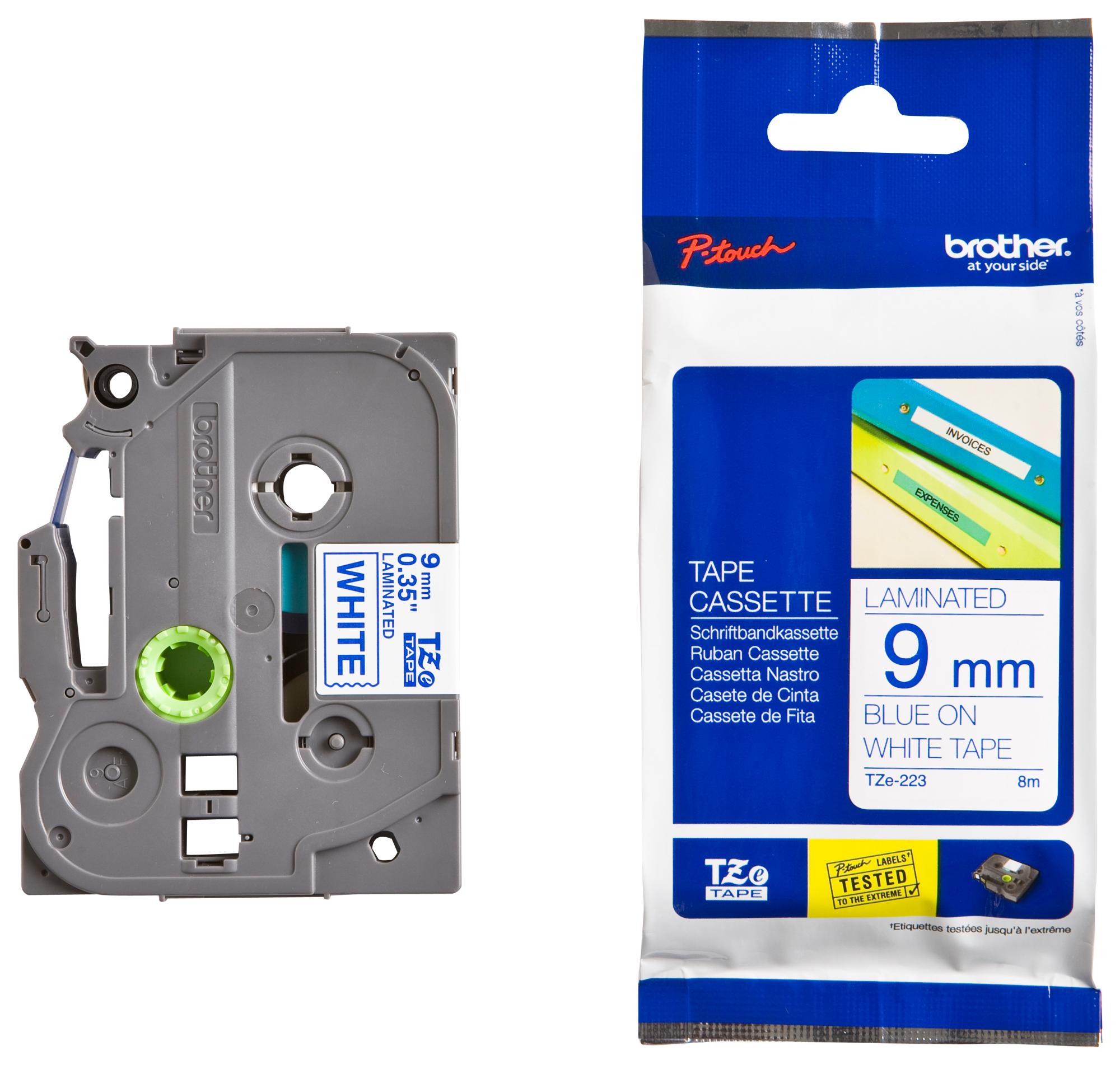 TZE-223 TAPE, BLUE ON WHITE, 9MM W, 8M L BROTHER