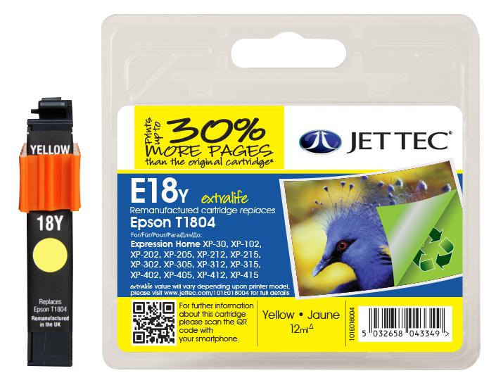 101E018004 INK CART, COMPATIBLE, EPSON T1804 YELLOW JET TEC