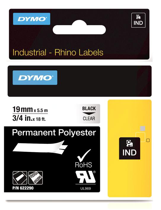 622290 TAPE PERM POLY BLACK ON CLEAR 19MM DYMO