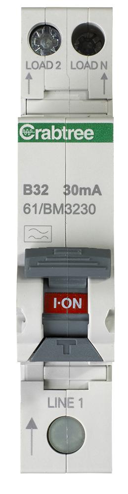 61/BM3230 32A 30MA RCBO SINGLE MODULE B CURVE CRABTREE