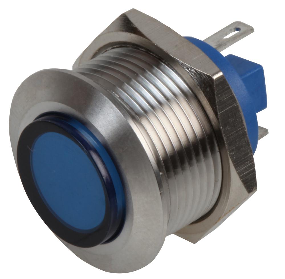 RJS01-19I-160P-B-BS-12V-67J LED INDICATOR, 19MM FLAT H/BLU 12V BR/ST RJS ELECTRONICS