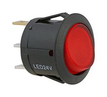 MP-RR036 - Rocker Switch, Round, On-Off, SPST, LED Illuminated, Panel, Snap-In, Red, 12VDC to 24VDC - MULTICOMP PRO