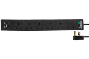 PEL00117 - EXTENSION 6 GANG 2 USB SURGE, BLACK 2M - PRO ELEC