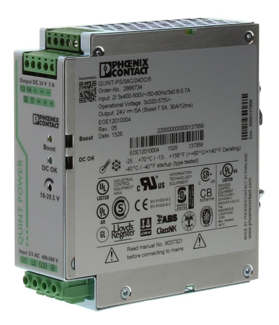 QUINT-PS/3AC/24DC/5 PSU, DIN RAIL, 24V, 5A PHOENIX CONTACT