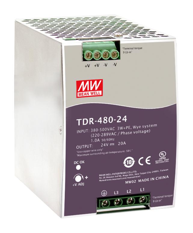 TDR-480-48 POWER SUPPLY, AC-DC, 48V, 10A MEAN WELL