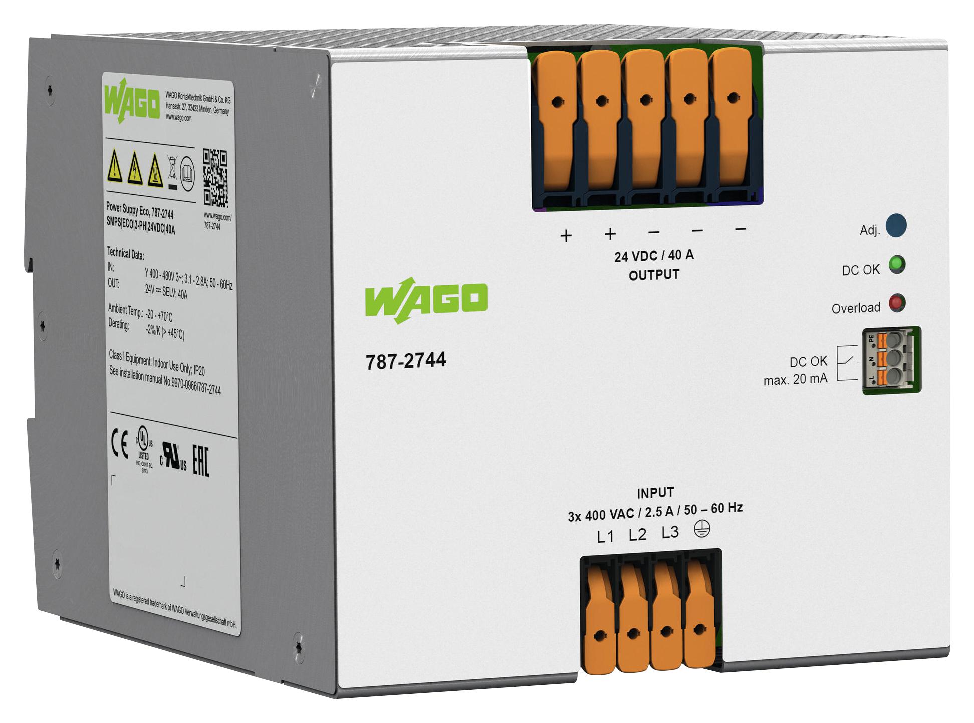 787-2744 POWER SUPPLY, AC-DC, 24V, 40A WAGO