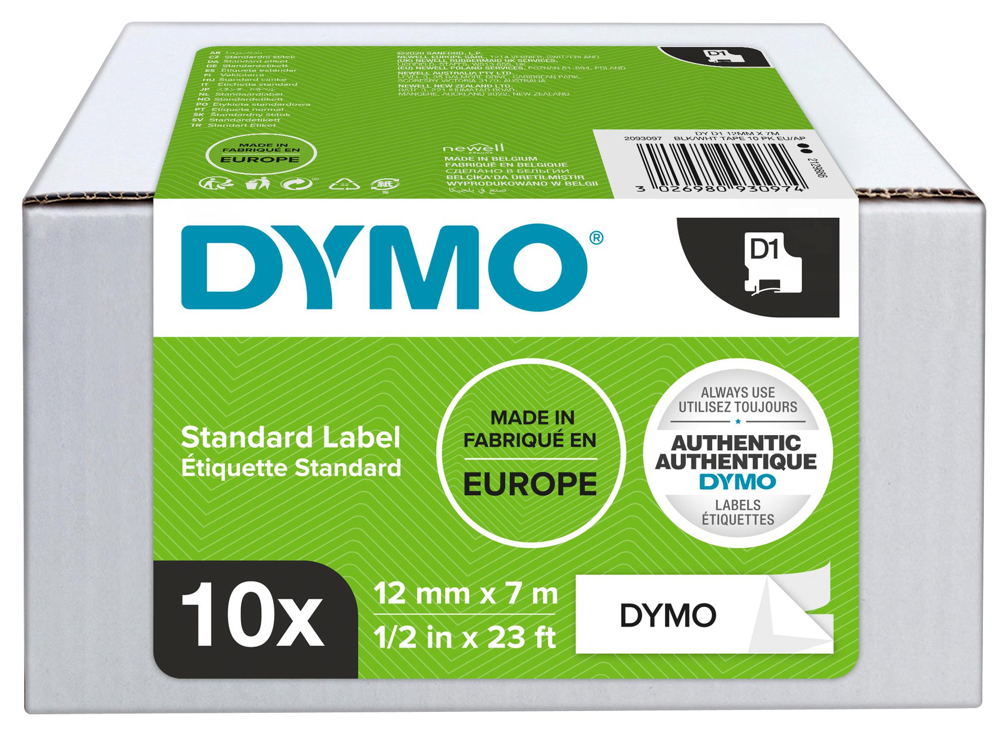 2093097 LABEL PRINTER TAPE, 12MM X 7M, BLK/WHT DYMO