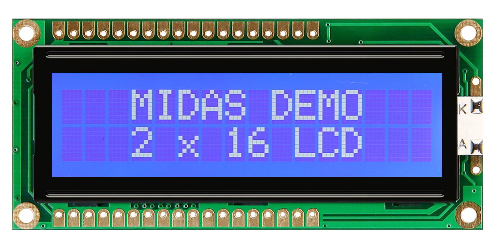 MC21605G6W-BNMLW3.3-V2 LCD DISPLAY, COB, 16 X 2, BLUE STN, 3.3V MIDAS