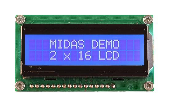 MC21605H6W-BNMLW3.3-V2 LCD DISPLAY, COB, 16 X 2, BLUE STN, 3.3V MIDAS
