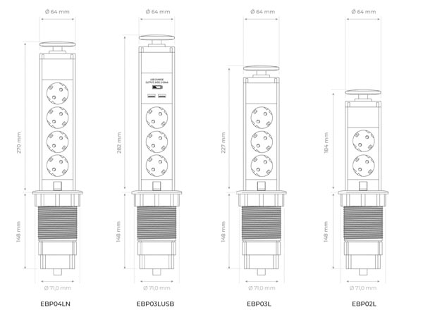 EBP04LN-G POP-UP STEKKERBLOK MET 4 STOPCONTACTEN - SCHUKO