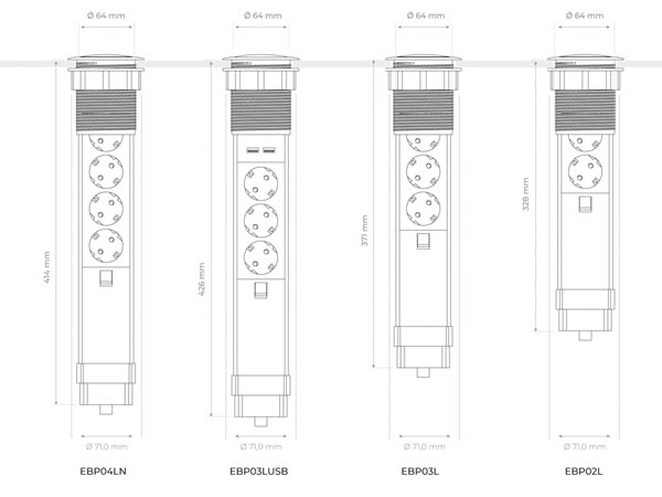 EBP04LN-G POP-UP STEKKERBLOK MET 4 STOPCONTACTEN - SCHUKO