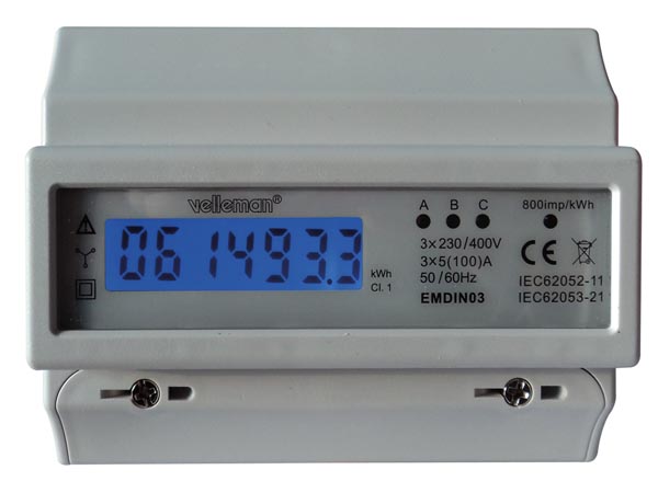 EMDIN03 DRIEFASIGE kWh-METER VOOR DIN-RAIL MONTAGE - 7 MODULES - PROFESSIONEEL GEBRUIK