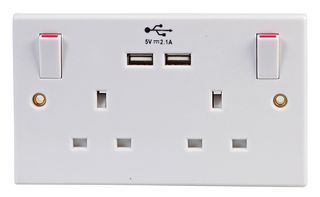 2213U - Socket, USB, Switched, 2 Gang, 13 A, White Moulded - PRO ELEC