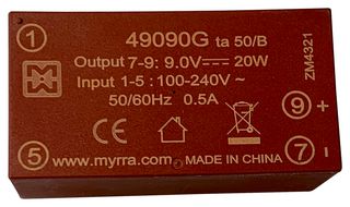 49090G - AC/DC PCB Mount Power Supply (PSU), ITE, Household & Transformers, 1 Output, 20 W, 9 VDC, 2.2 A - MYRRA