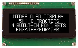 MCOB42005A1V-EWS - Alphanumeric OLED, 20 x 4, White on Black, 5V, SPI, English, Euro, Japanese, 4.75 mm - MIDAS