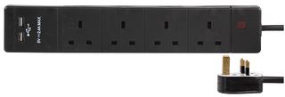 PEL00109 Extension 4 Gang With 2 USB, Black 2m Pro Elec