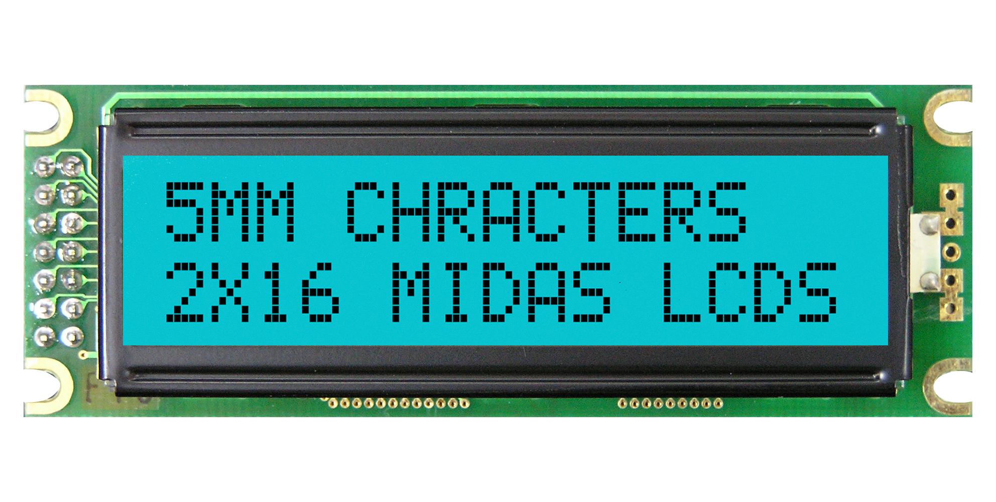 MIDAS LCD Alphanumeric MD21605D6W-FPTLRGB LCD DISPLAY, COB, 16 X 2, FSTN, 5V MIDAS 3773191 MD21605D6W-FPTLRGB