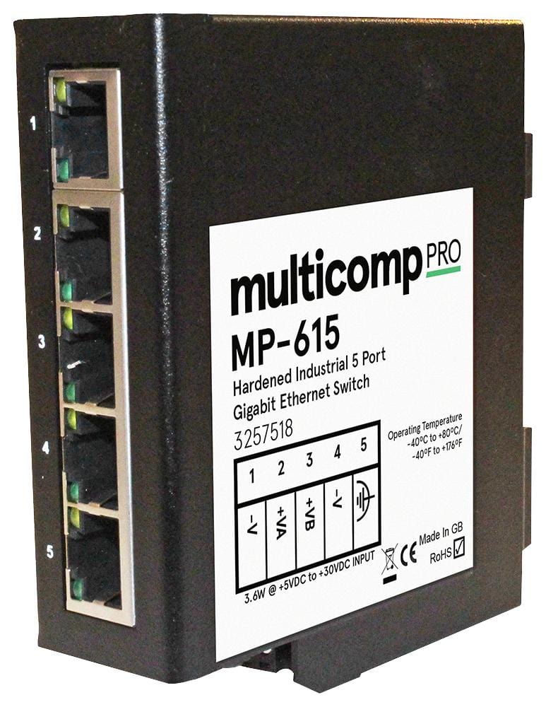 MULTICOMP PRO Ethernet Switches / Modules MP-615 GIGABIT ETHERNET SW, 5PORT, DIN RAIL MULTICOMP PRO 3257518 MP-615