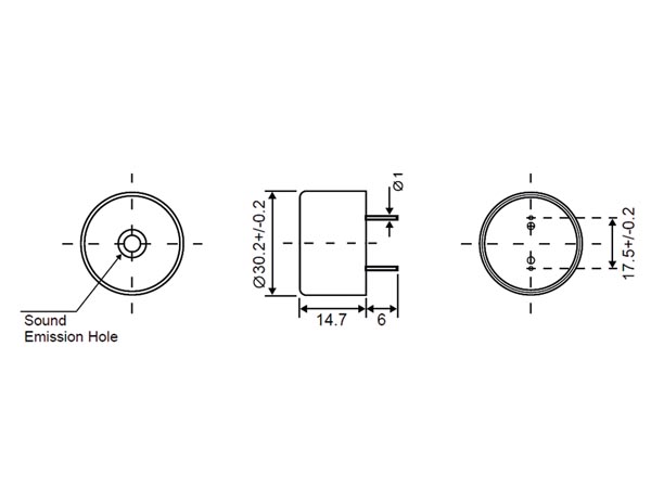 SV2N PIEZO-ZOEMER 3 - 20 VDC - ø 30.2 mm - hoogte 15 mm - pitch 17.5 mm