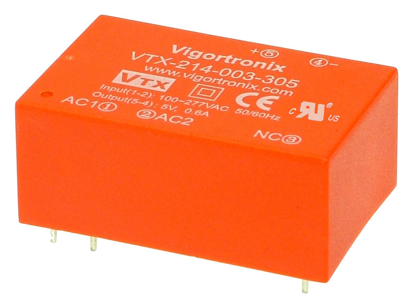 VIGORTRONIX PCB Mount - Single Ouput VTX-214-003-305 POWER SUPPLY, AC-DC, 5V, 0.6A VIGORTRONIX 2775119 VTX-214-003-305