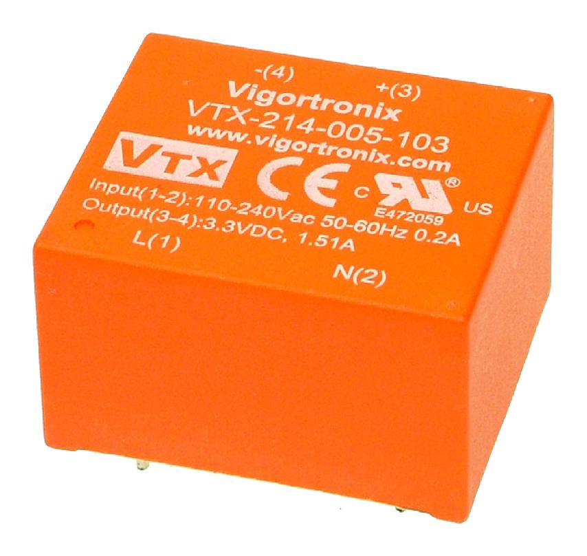 VIGORTRONIX PCB Mount - Single Ouput VTX-214-005-103 AC-DC CONV, FIXED, 1 O/P, 5W, 3.3V VIGORTRONIX 2401039 VTX-214-005-103