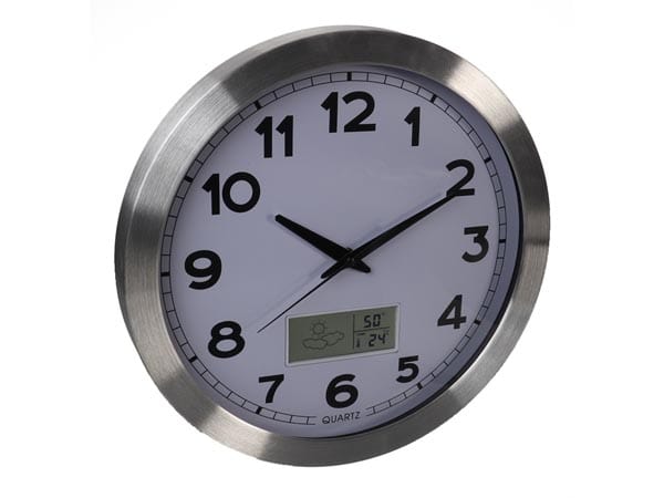 WC102 ALUMINIUM WANDKLOK MET LCD-DISPLAY EN THERMOMETER, HYGROMETER & WEERSVOORSPELLING - Ø 35 cm