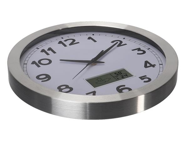 WC102 ALUMINIUM WANDKLOK MET LCD-DISPLAY EN THERMOMETER, HYGROMETER & WEERSVOORSPELLING - Ø 35 cm